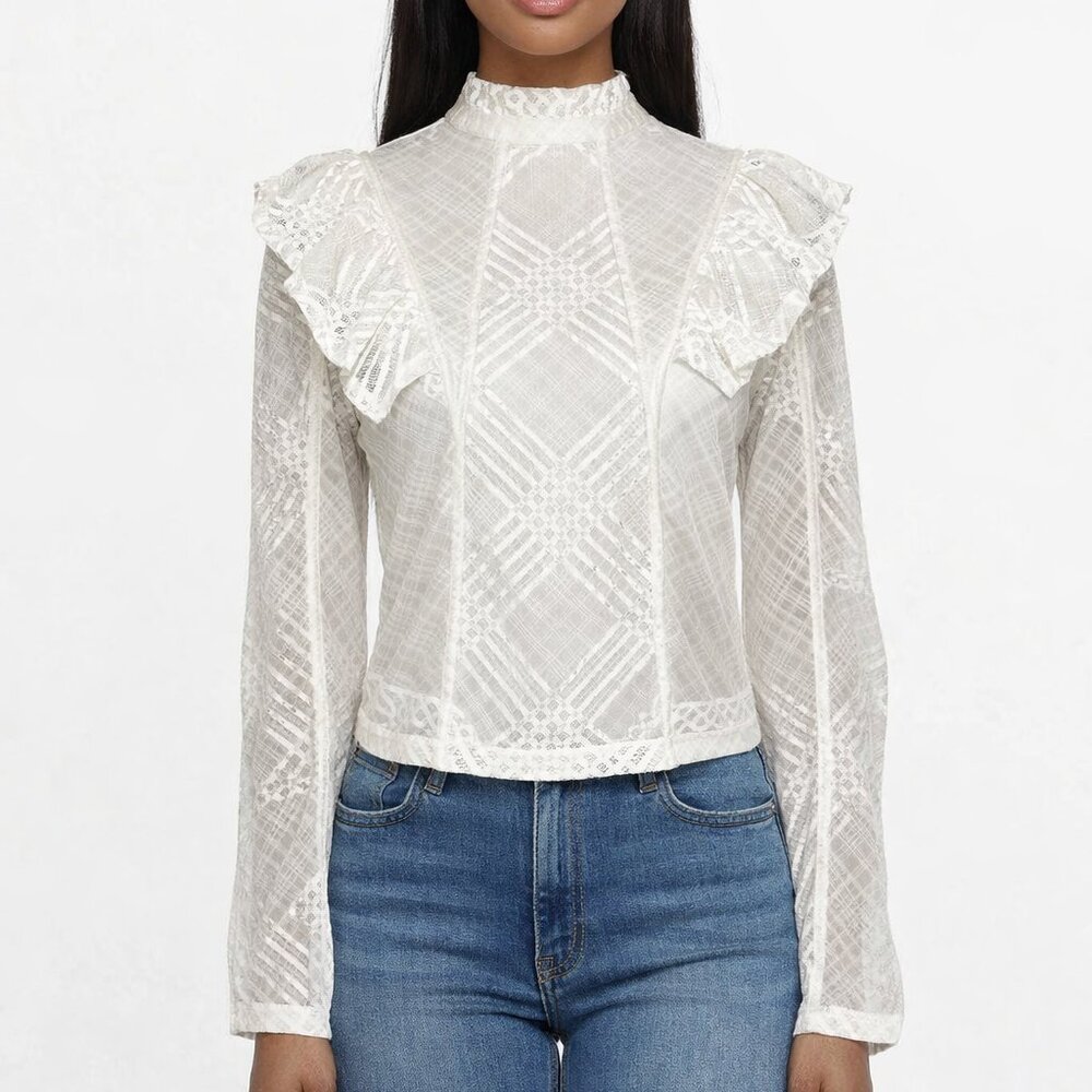 H&M Cream Lace Ruffle Blouse Mock Neck Long Sleeve Victorian Romantic Top Sz 10